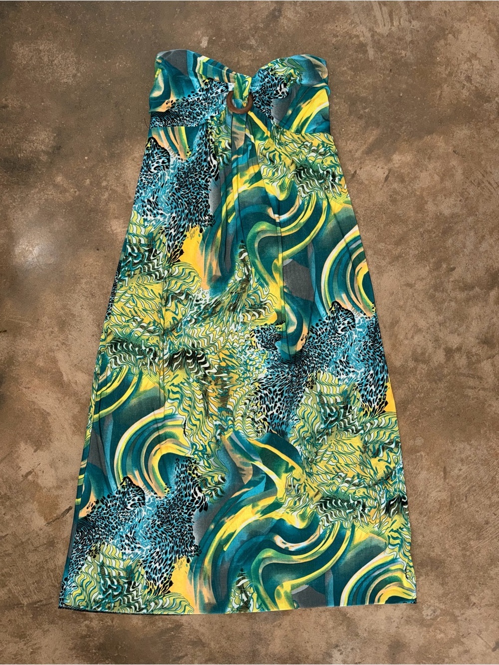 Silk Blend Strapless Tropical Midi Dress Teal Yellow Size M